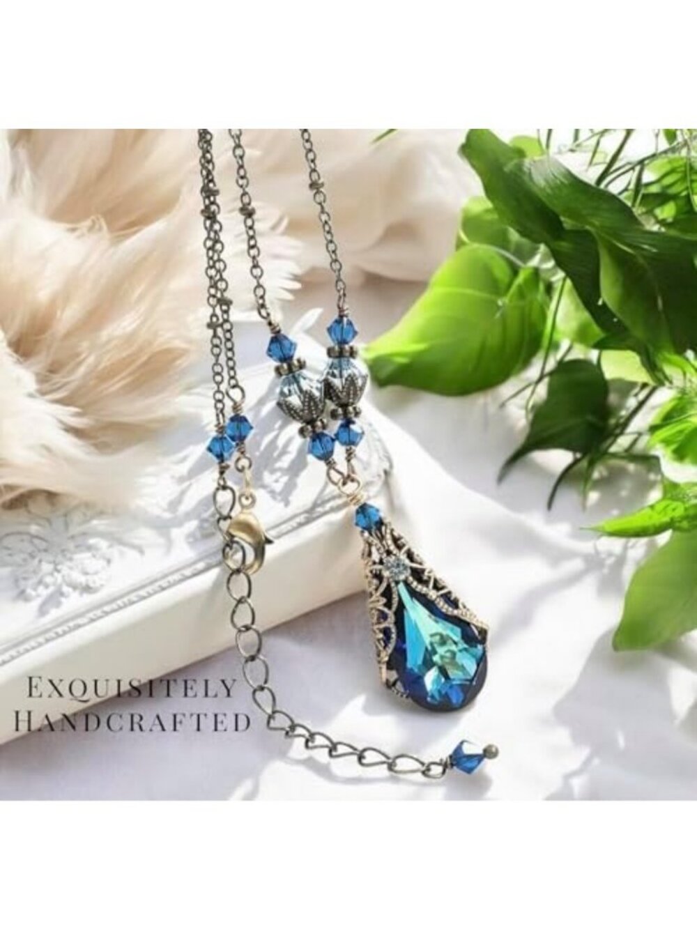 Bermuda Blue Teardrop Filigree Pendant Necklace - Elegant Jewelry Gift for Her - Picture 2 of 6